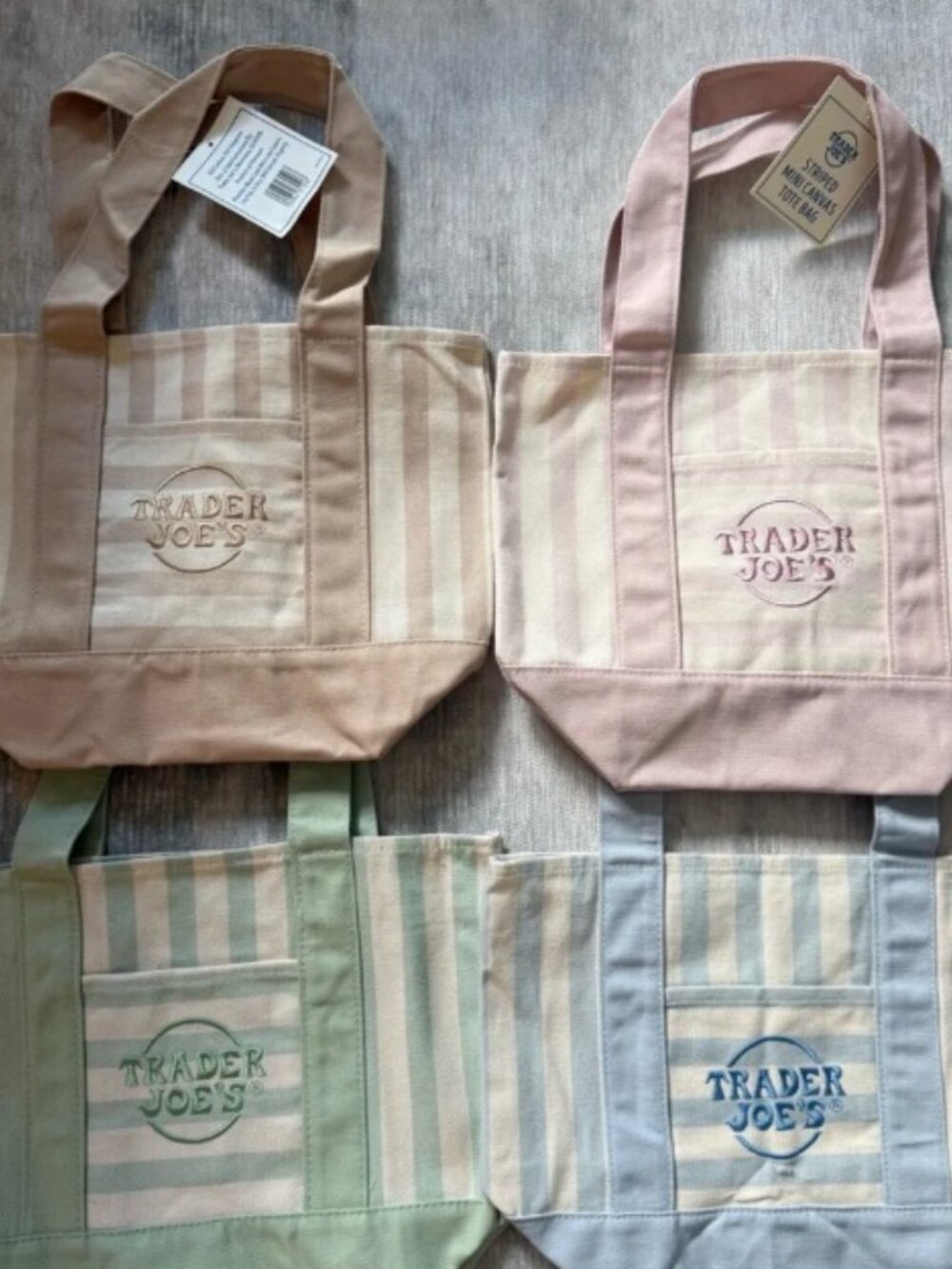 NWT Trader Joe's Stripe Mini Canvas Tote Bags/Set of 4: pink, blue, green, taupe - Picture 2 of 2